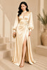 Champagne Keyhole Balloon Sleeve Evening Gown
