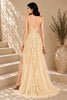 Champagne Lace Applique High Slit Tulle Evening Gown