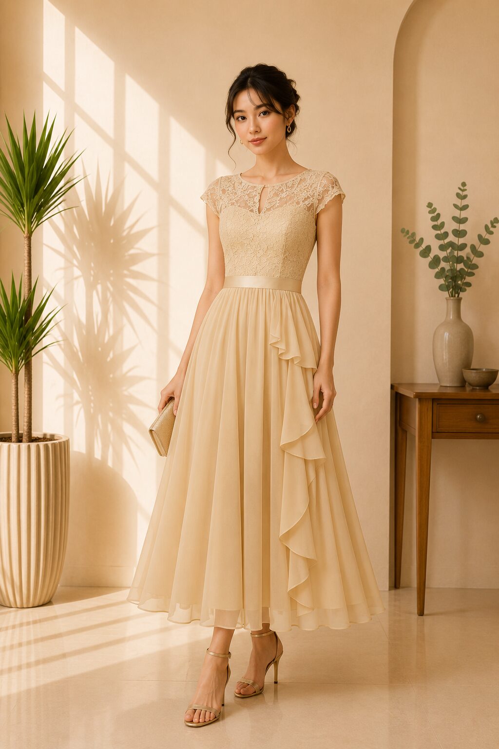 Champagne Lace Midi Party Dress