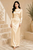Champagne Long Sleeve Draped Satin Column Gown