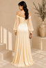 Champagne Off Shoulder Ruched High Slit Evening Gown