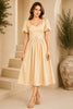 Champagne Puff Sleeve Belted Midi Dress