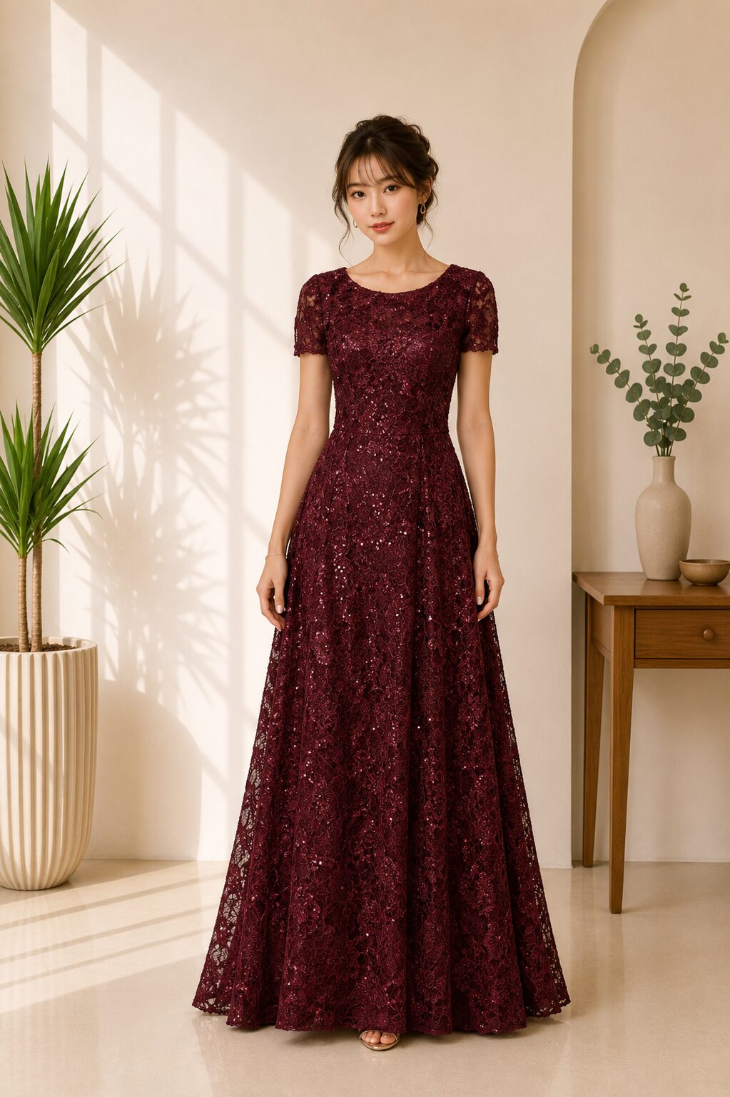 Elegant Burgundy Lace Evening Gown