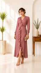 Elegant Dusty Rose Ruffle Wrap Midi Dress