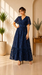Elegant Navy Floral Wrap Maxi Dress