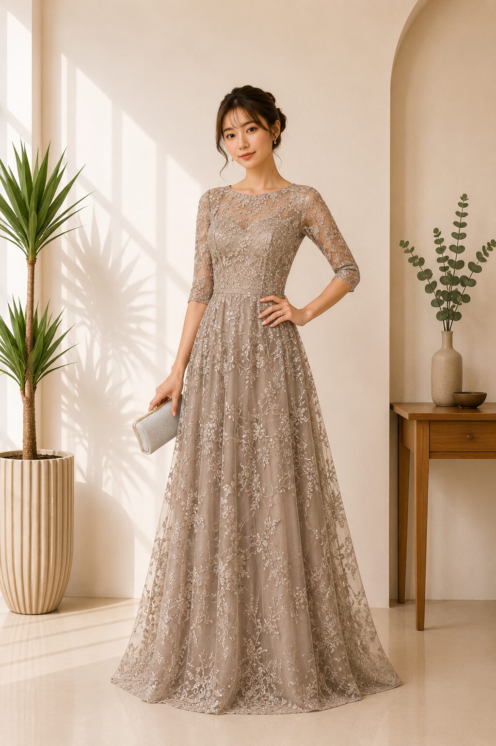 Elegant Taupe Lace Appliqué Evening Gown