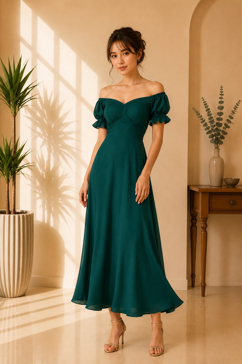 Emerald Off-Shoulder Midi Dress