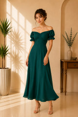 Emerald Off-Shoulder Midi Dress