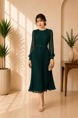 Emerald Pleated Long Sleeve Midi Dress