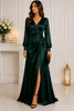 Emerald Satin Wrap Evening Gown