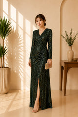 Emerald Sequin Wrap Maxi Dress