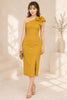 Golden Mustard One Shoulder Bow Midi Dress