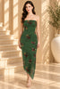 Green Floral Ruched Strapless Midi Dress with Strip