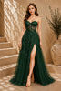Green Lace Applique Tulle Evening Gown