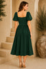 Green Puff Sleeve Belted Midi Dress