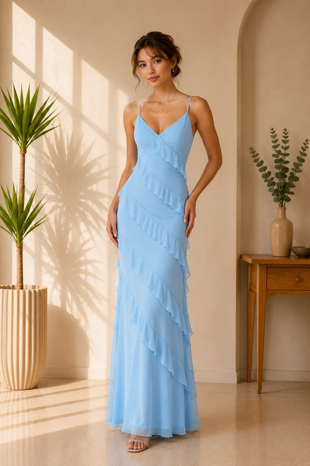 Light Blue Off Shoulder Ruffle Evening Gown