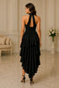 Midnight Cascade High Low Ruffle Dress