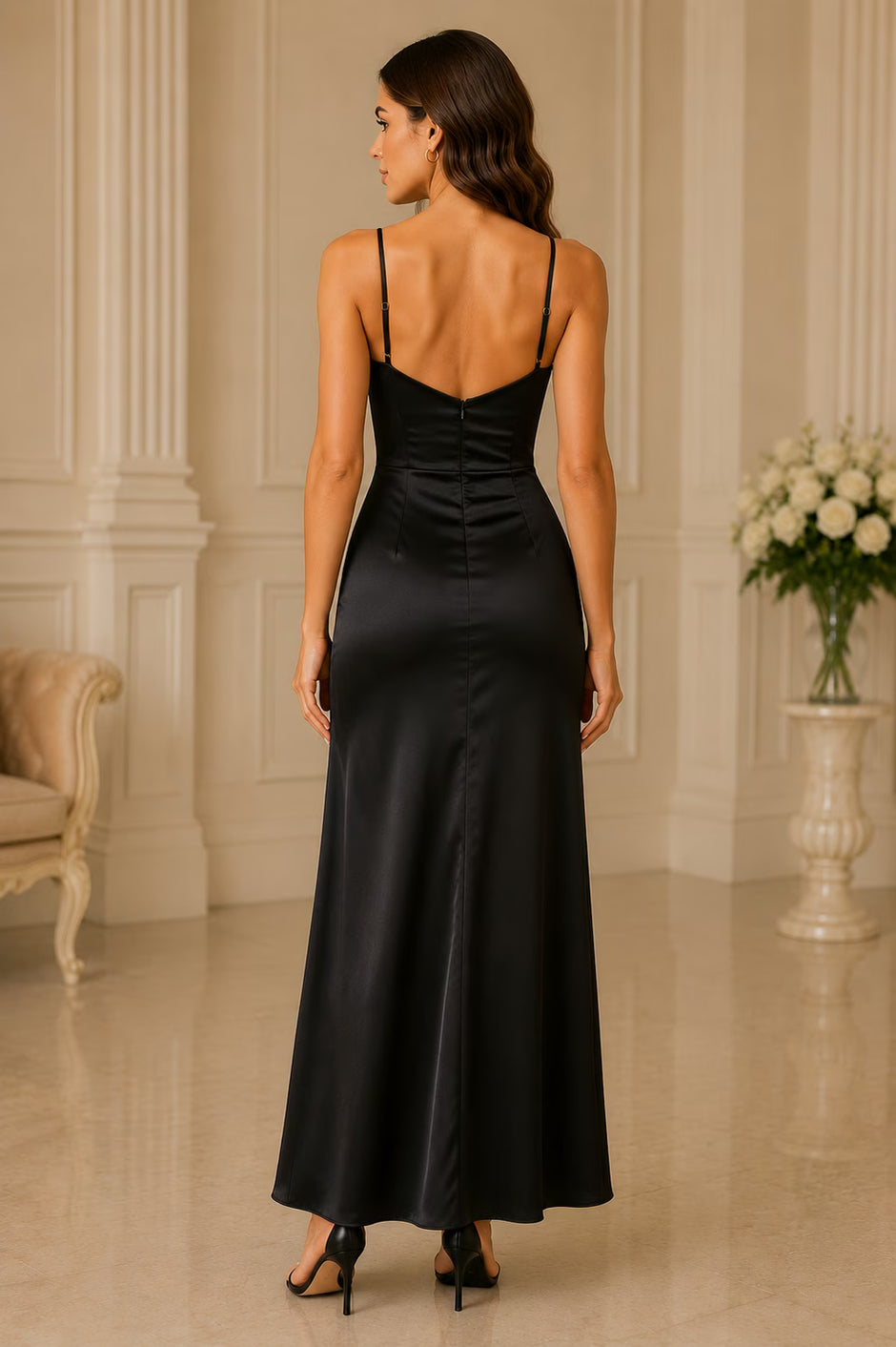 black satin graduation dress Black V-Neck Satin Gown With Detailed Seamlines and Godet