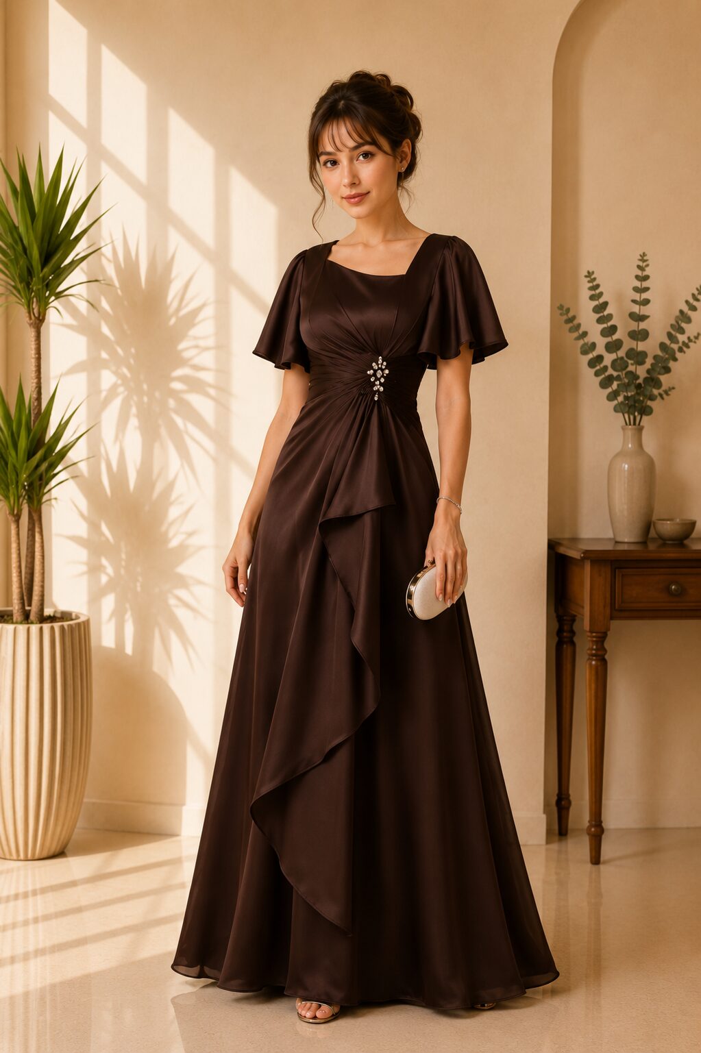 Mocha Satin Ruffle Gown