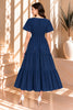 Navy Blue Brick Short Sleeve Tiered Midi Dress