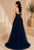 Navy Blue Corset Tulle High Slit Evening Gown