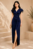 Navy Blue Flutter Sleeve Wrap Evening Gown