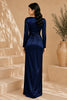 Navy Blue Long Sleeve Draped Satin Column Gown