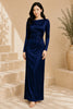 Navy Blue Long Sleeve Draped Satin Column Gown
