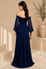 Navy Blue Off Shoulder Ruched High Slit Evening Gown Back