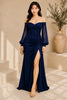 Navy Blue Off Shoulder Ruched High Slit Evening Gown Back