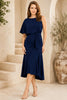 Navy Blue One Shoulder Draped Midi Dress