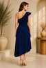 Navy Blue One Shoulder Ruffle Midi Dress