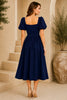 Navy Blue Puff Sleeve Belted Midi Dress