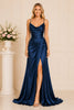 Navy Cowl Neck Satin Gown
