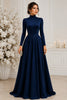 Navy High Neck A Line Evening Gown