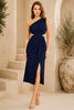 Navy One Shoulder Knot Waist Midi Dress