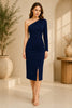 Navy One Shoulder Ruched Midi Dress Back