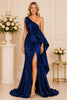 Navy One Shoulder Ruffle Gown