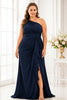 Navy One Shoulder Plus Size Evening Gown
