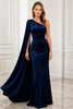 Navy One Shoulder Satin Evening Gown