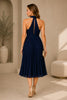 Navy Pleated Halter Neck Midi Dress