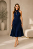Navy Pleated Halter Neck Midi Dress