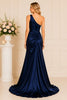 Navy Satin One Shoulder Gown