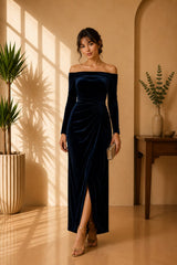 Navy Velvet Off Shoulder Dress