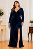 Navy Velvet Ruched Long Sleeve Plus Size Maxi Dress