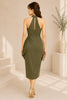 Olive Halter Draped Tulip Midi Dress