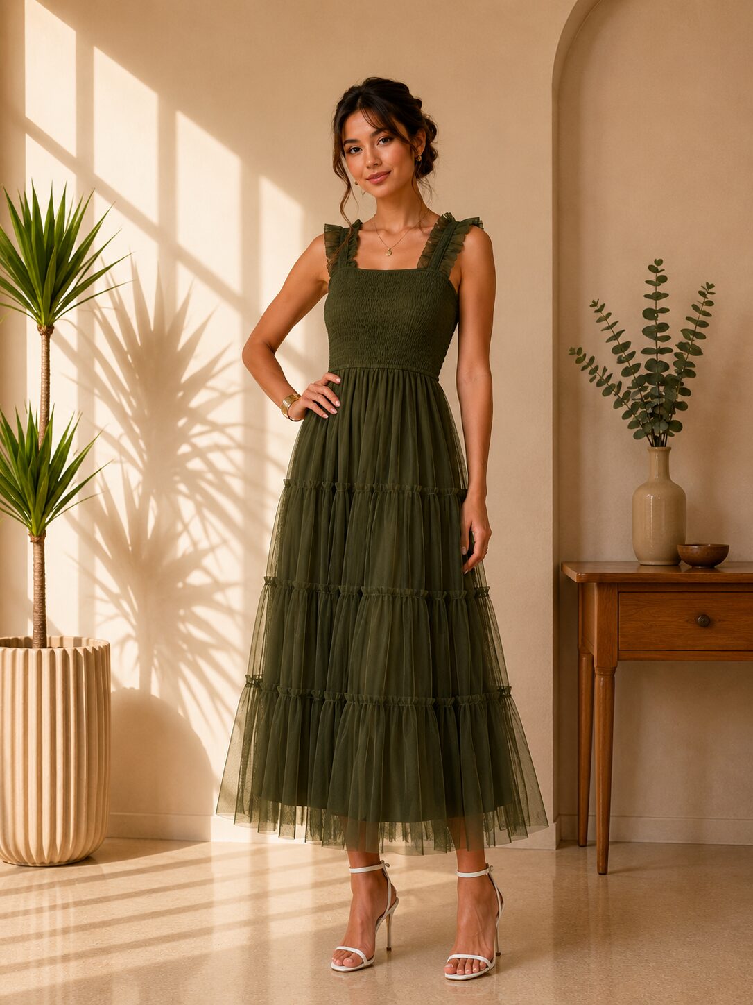 Olive Smocked Tiered Tulle Midi Dress