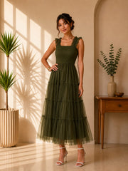 Olive Smocked Tiered Tulle Midi Dress