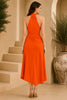 Orange Halter Draped Wrap Midi Dress