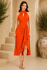 Orange Halter Draped Wrap Midi Dress